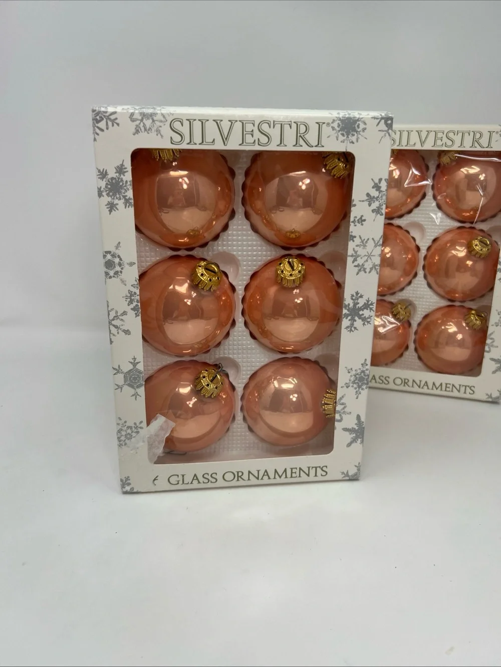 SILVESTRI Rose Gold Peach Glass Ball Christmas Ornaments 3 Boxes 6 Per Box Vtg